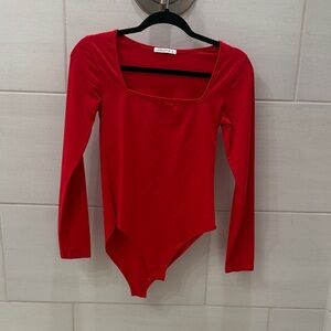 Mandopop Red Long Sleeve Square Neck Bodysuit